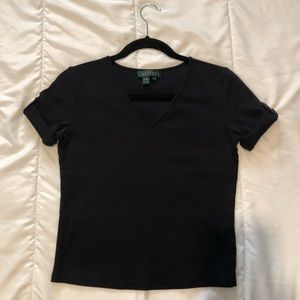 Ralph Lauren Cropped Black V Neck Shirt Small